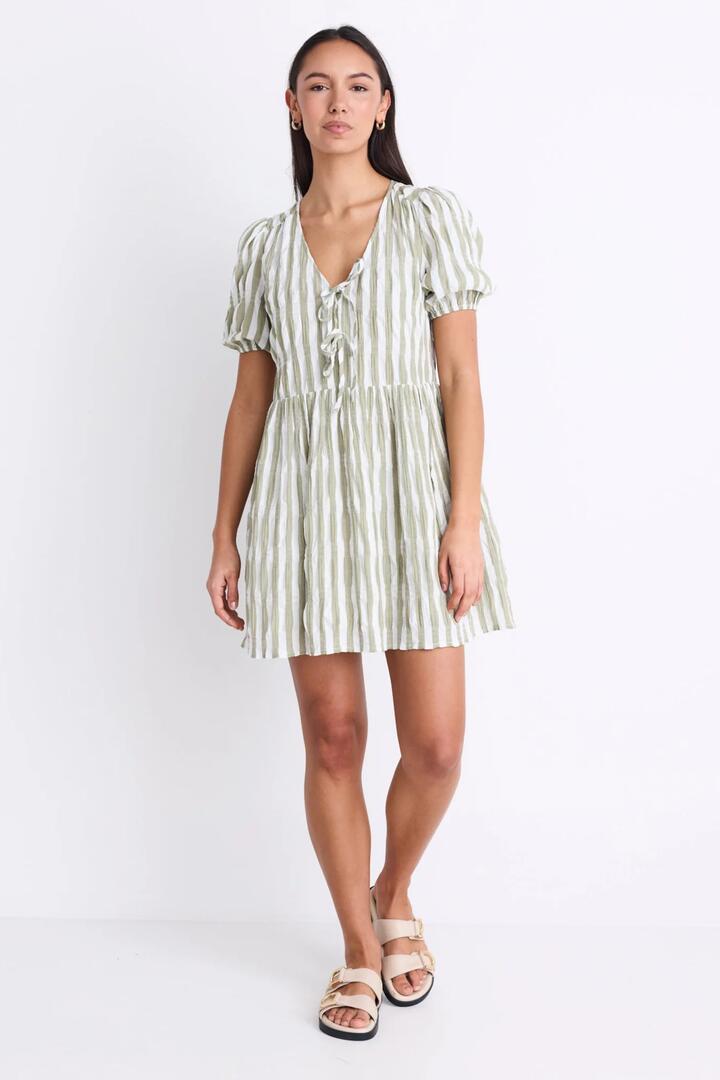 Image of Dresses. Product name - Frontier Khaki Stripe Puff Sleeve Tie Mini Dress in Khaki Stripe colour by brand - Ivy + Jack