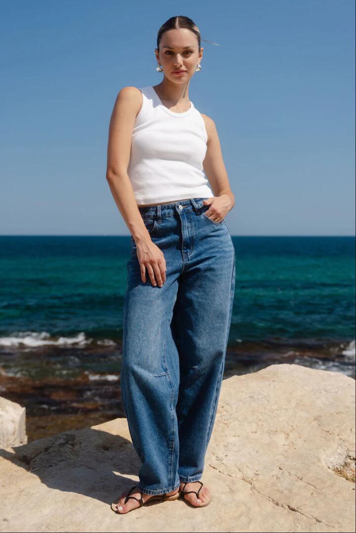 Image of Jeans. Product name - Berlin Signature Blue Mid Barrel Leg Jean in Signature Blue colour by brand - RE:UNION Label