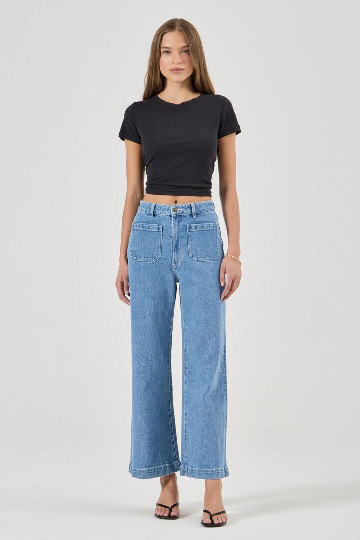 Image of Jeans. Product name - Sailor Lily Blue Wide Long Denim Jean in Blue colour by brand - Rollas