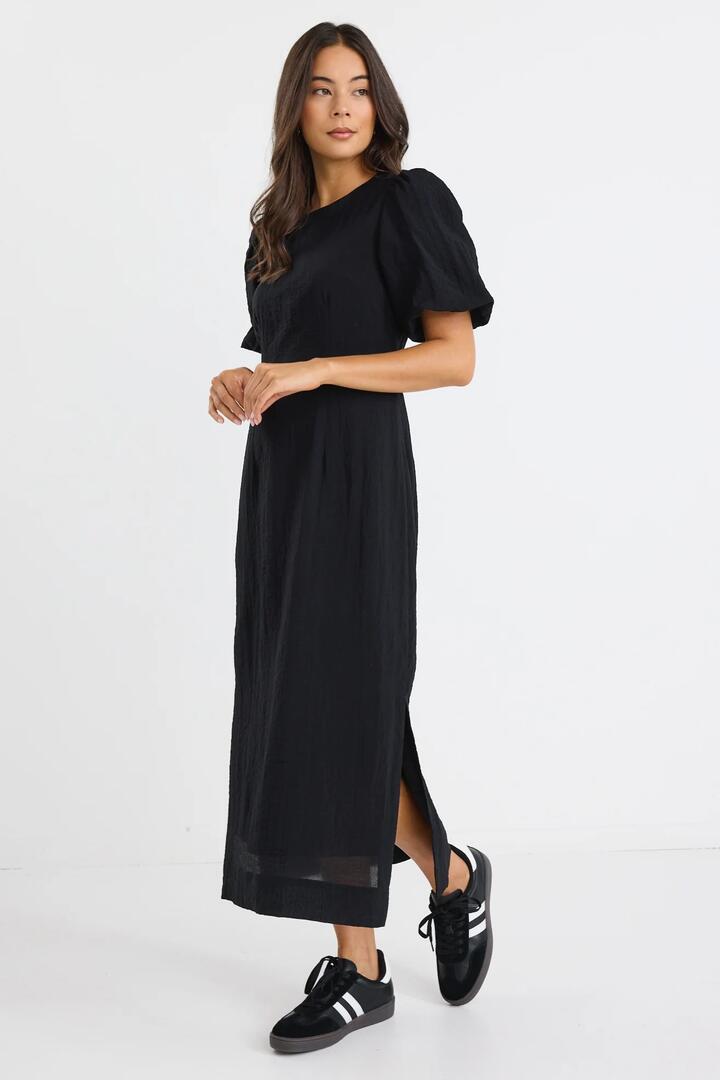 Image of Dresses. Product name - Elder Black Short Puff Sleeve Tie Midi Dress in Black colour by brand - Stories be Told