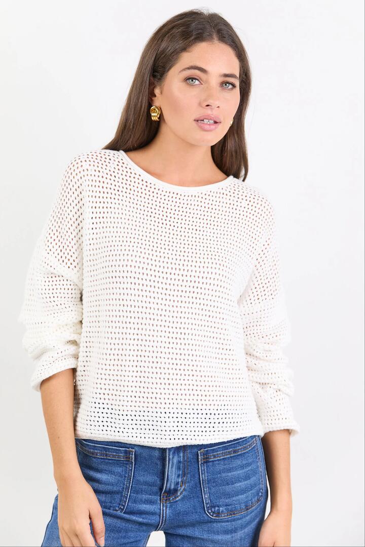 Image of a model wearing Outerwear. Product name - Dawn Ivory Crochet Knit Jumper in Ivory colour by brand - RE:UNION Label