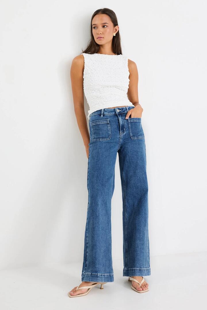 Image of Jeans. Product name - Zoey Mineral Blue High Rise Wide Leg Pocket Jean in Mineral Blue colour by brand - Among the Brave