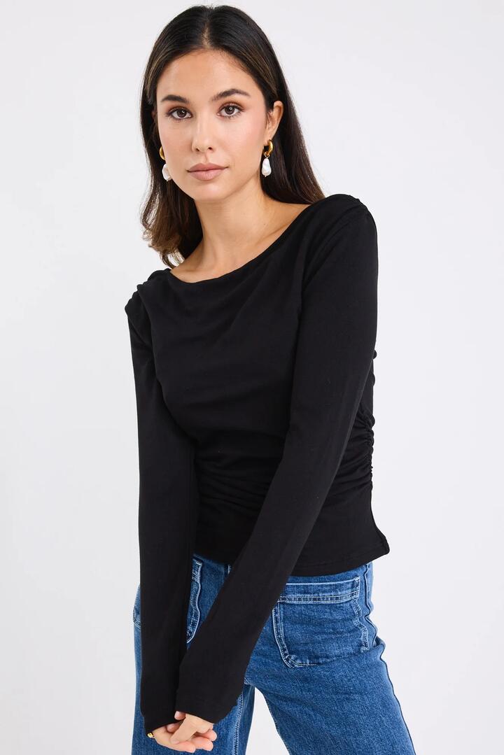 Image of a model wearing Tops. Product name - Alley Black Rib Asymmetric Neck LS Top in Black colour by brand - Ivy + Jack