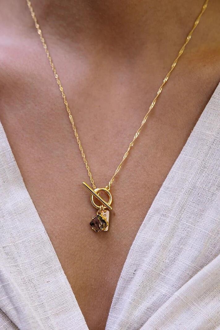 Image of Jewelry. Product name - Pure 18k Gold Plate with Herkimer Quartz Fob Necklace in Gold colour by brand - Love Lunamei