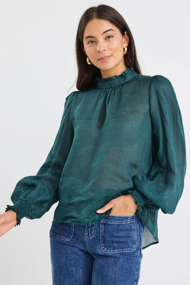 Image of a model wearing Tops. Product name - Poet Forest Long Sleeve High Neck Top in Forest colour by brand - By Rosa.