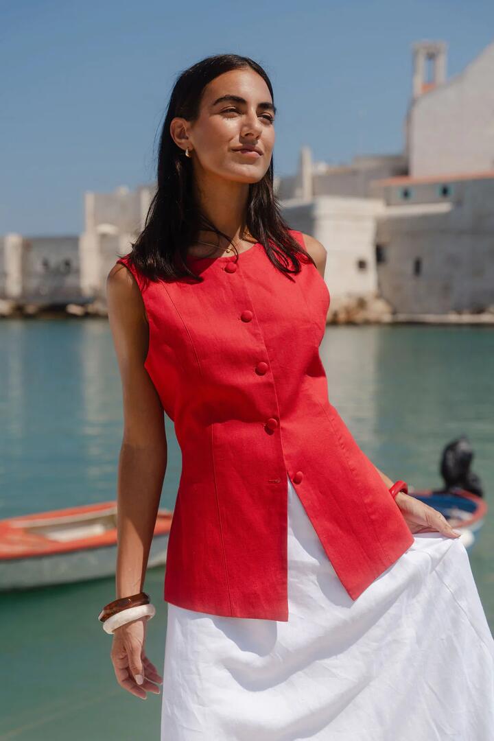 Image of Coats & Jackets. Product name - Aloft Red Fitted Long Vest in Red colour by brand - Stories be Told