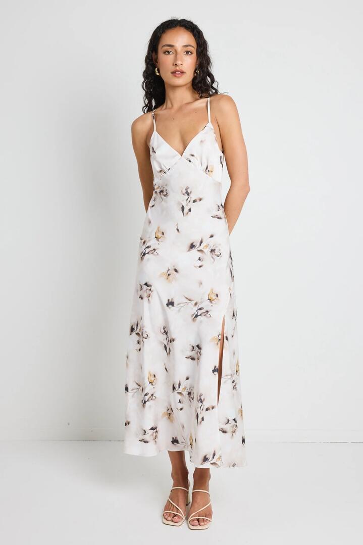Image of Dresses. Product name - Otherworldly Champagne Floral Satin Bias Slip Midi Dress in Champagne Floral colour by brand - Among the Brave
