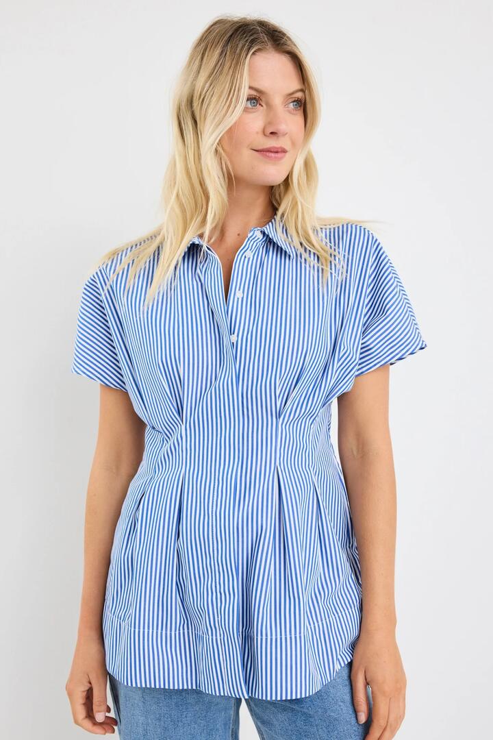 Image of Shirts. Product name - Astute Bright Blue Stripe Short Sleeve Corset Detail Top in Bright Blue Stripe colour by brand - Among the Brave