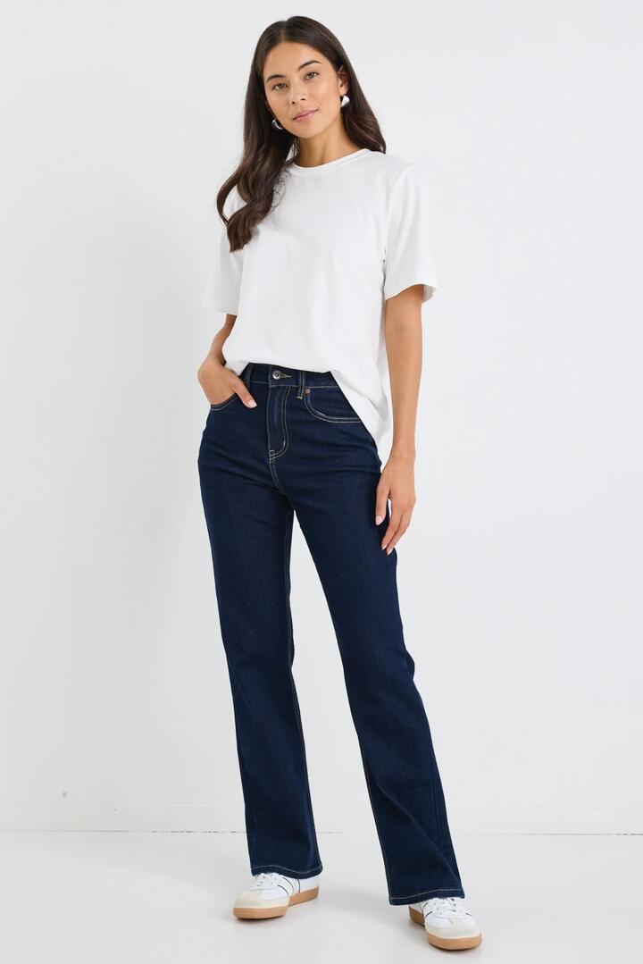 Image of Jeans. Product name - Farah Indigo High Rise Slim Straight Jean in Indigo colour by brand - Stories be Told