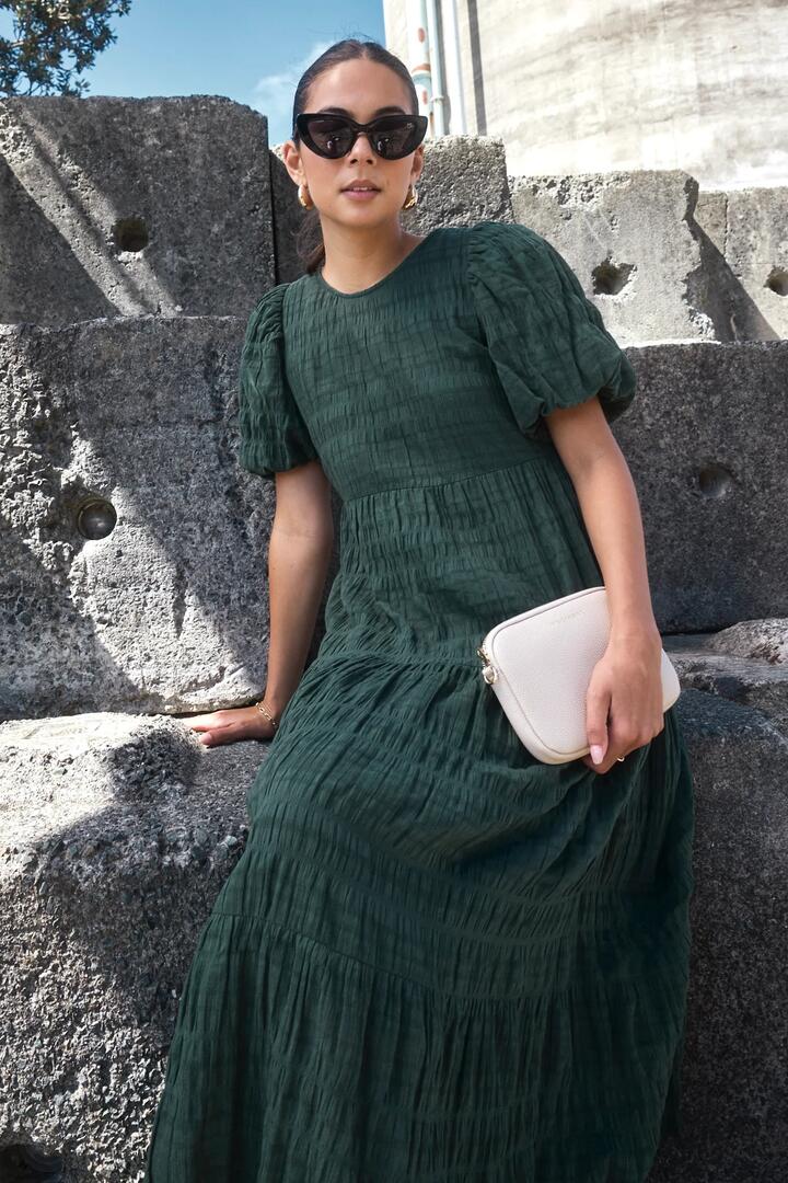 Image of Dresses. Product name - Graceful Forest Bubble Short Sleeve Tiered Maxi Dress in Forest colour by brand - Ivy + Jack