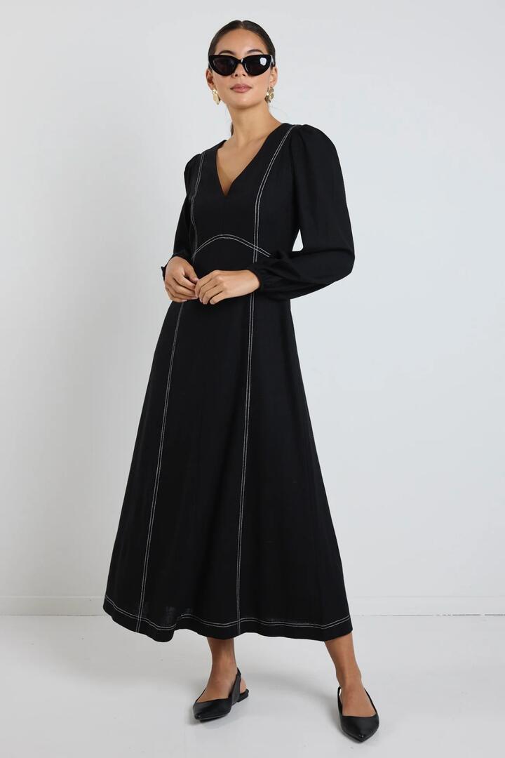 Image of Dresses. Product name - Case Black LS Contrast Stitch Midi Dress in Black colour by brand - Stories be Told