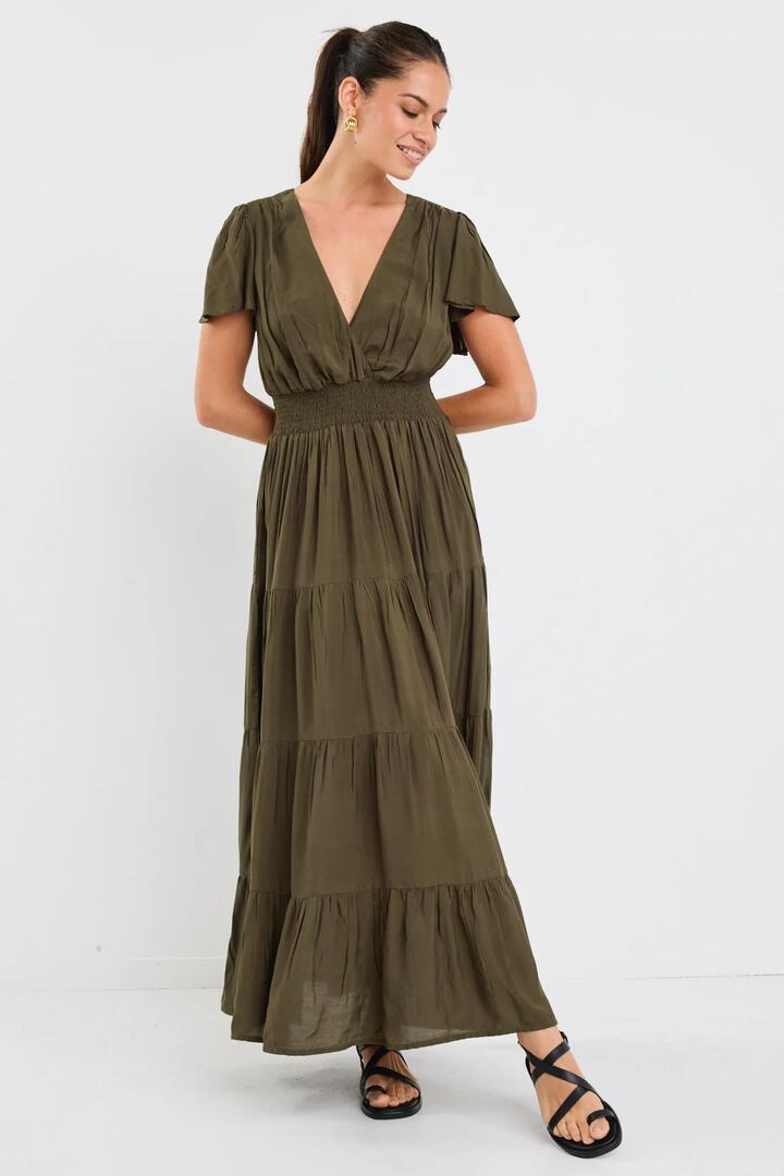 Image of Dresses. Product name - Devotion Olive Floaty SS Tiered Maxi Dress in Olive colour by brand - By Rosa.