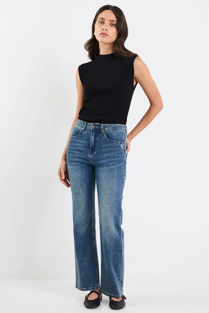Image of Jeans. Product name - Farah Mid Blue High Rise Slim Straight Jean in Mid Blue colour by brand - Stories be Told
