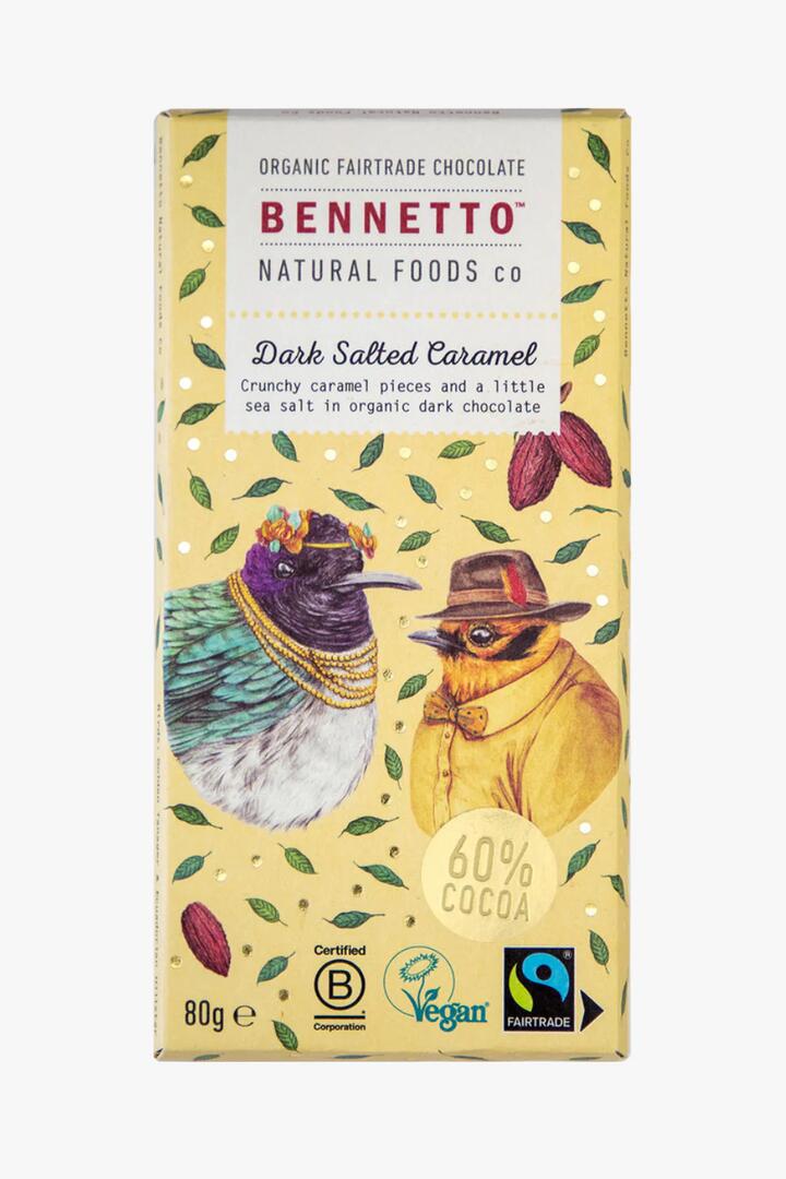 Image of Food Items. Product name - Salted Caramel 80g Buttercup Dark Fairtrade Chocolate in colour by brand - Bennetto