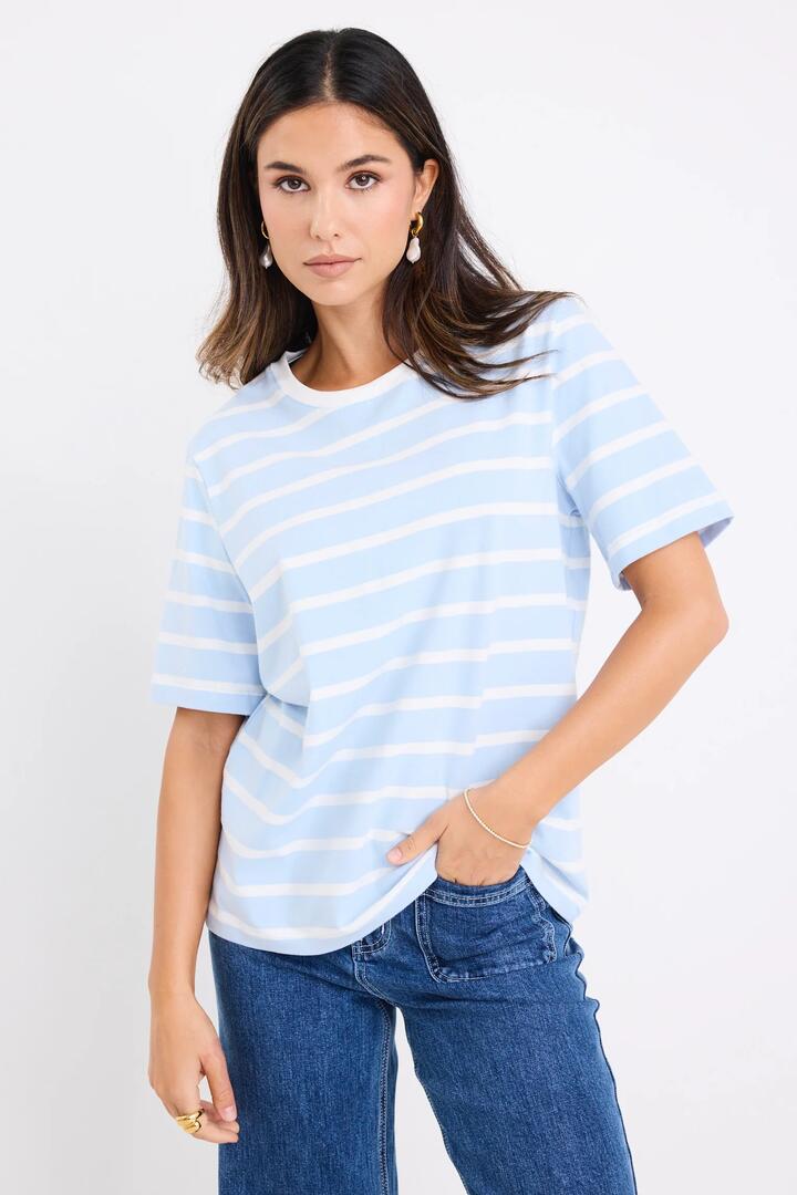 Image of a model wearing Tops. Product name - Binding Pale Blue White Stripe Boxy Fit Tee in Pale Blue White Stripe colour by brand - RE:UNION Label