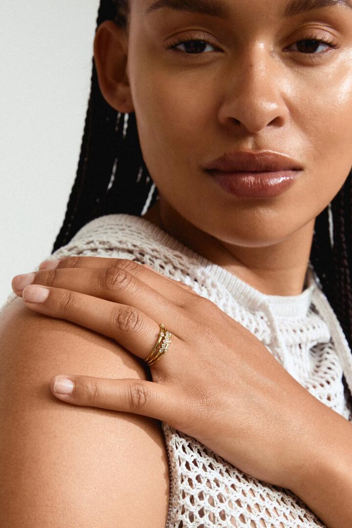Image of Jewelry. Product name - Sloan Gold EOL Crystal Recycled Rings set 3 in Gold colour by brand - Pilgrim