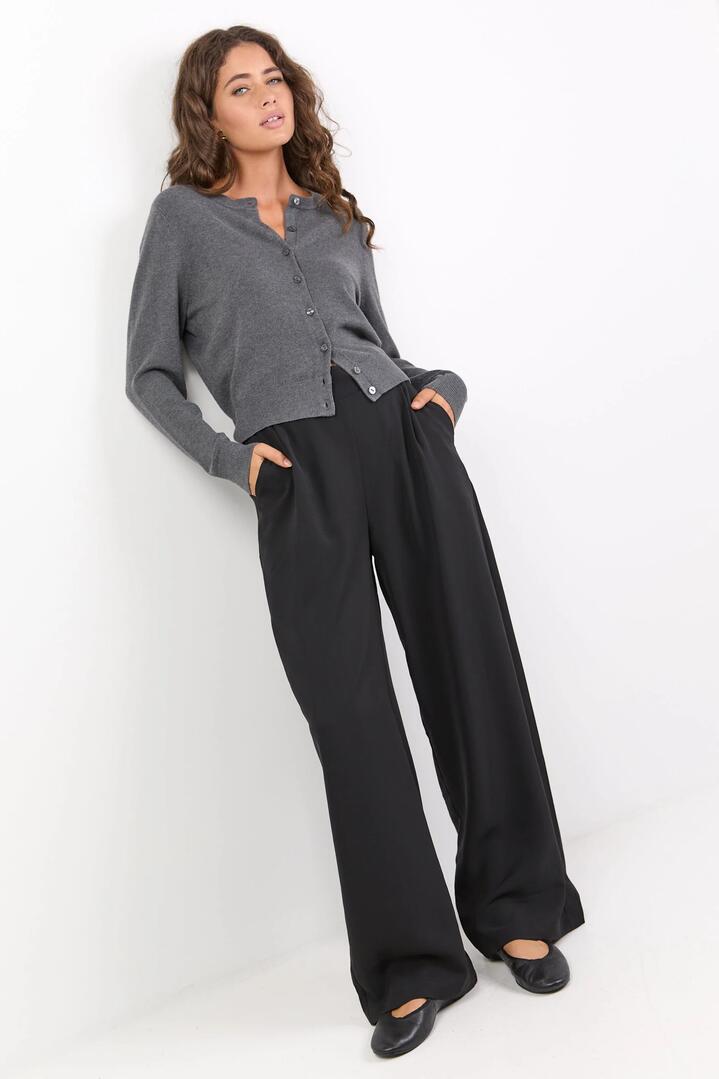 Image of a model wearing Pants. Product name - Instinctive Black Recycled Polyester Drapey Wide Leg Pant in Black colour by brand - Among the Brave