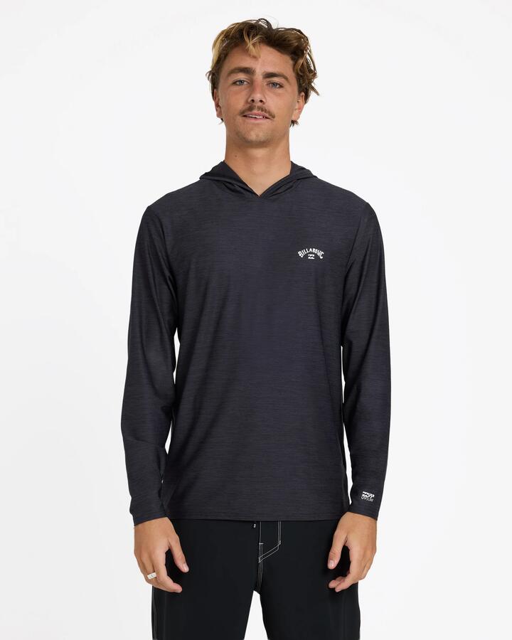 Image of a model wearing Tops. Product name - Billabong Mens Shoreline Lf Hooded Long Sleeve Rash Vest Black Heather in Black Heather colour by brand - Billabong