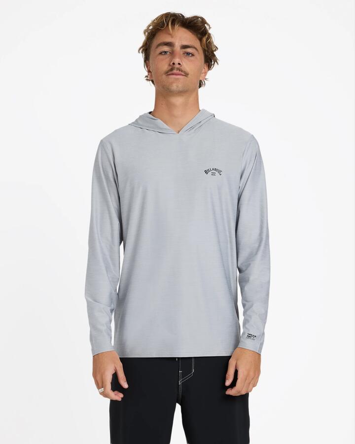 Image of a model wearing Tops. Product name - Billabong Mens Shoreline Lf Hooded Long Sleeve Rash Vest Light Grey Heather in Light Grey Heather colour by brand - Billabong