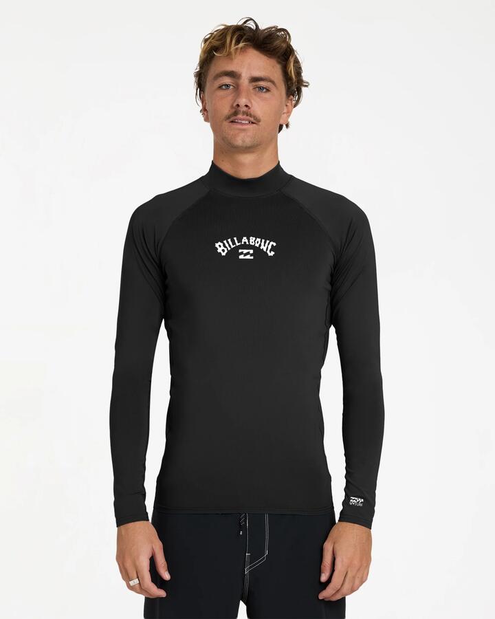 Image of a model wearing Tops. Product name - Billabong Mens All Day Arch Pf Long Sleeve Rash Vest Black in Black colour by brand - Billabong