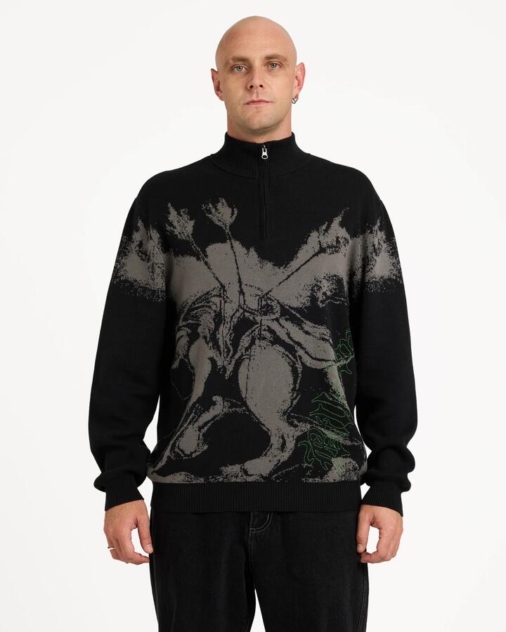 Image of a model wearing Outerwear. Product name - Billabong Mens Creed Knit Jumper Black in Black colour by brand - Billabong