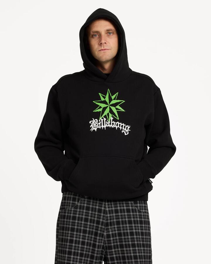 Image of a model wearing Outerwear. Product name - Billabong Mens Creed Neon Star Pullover Hoodie Black in Black colour by brand - Billabong