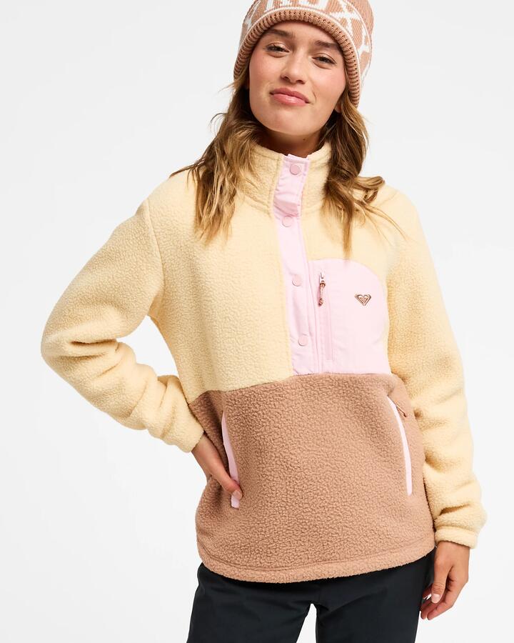 Image of a model wearing Outerwear. Product name - Roxy Womens Alabama Technical Fleece Cafe Au Lait in Cafe Au Lait colour by brand - Roxy