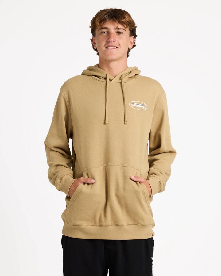 Image of a model wearing Outerwear. Product name - Billabong Mens Walled Pop Pullover Hoodie Khaki in Khaki colour by brand - Billabong