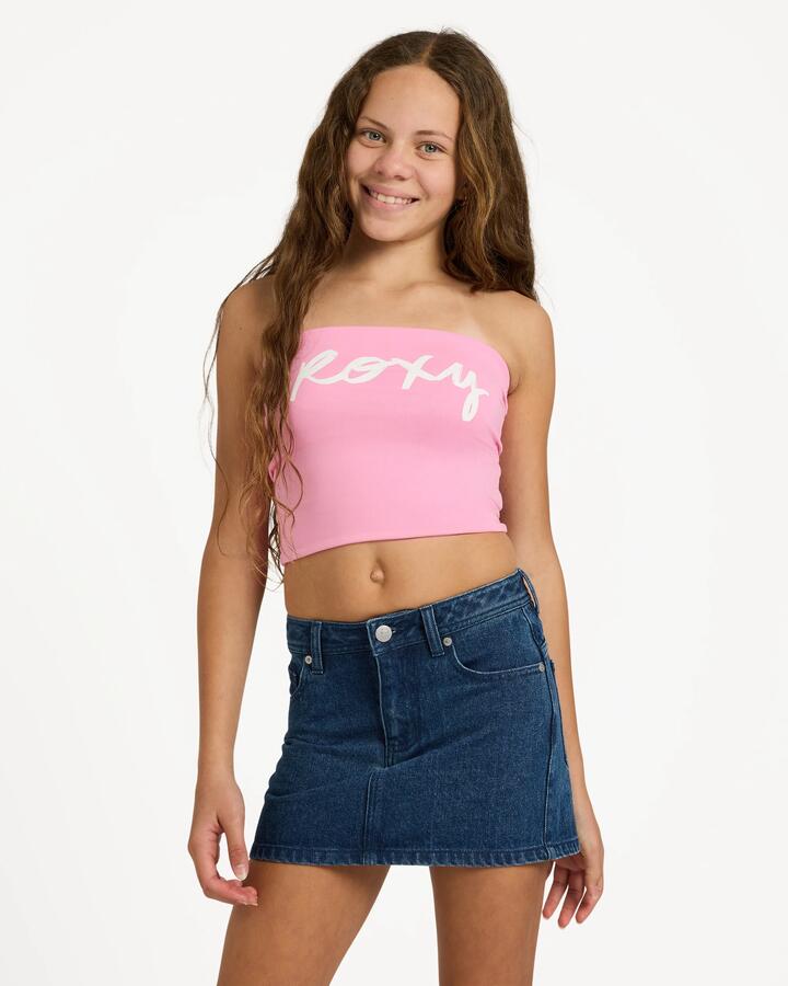 Image of a model wearing Tops. Product name - Roxy Girls 8-16 Swell Tube Top Pink Frosting in Pink Frosting colour by brand - Roxy