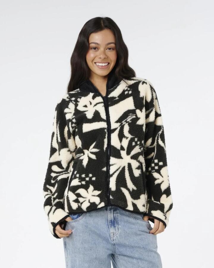 Image of a model wearing Outerwear. Product name - Rip Curl Womens Catalina Islands Zip Through Polar Fleece Jacket Black in Black colour by brand - Rip Curl