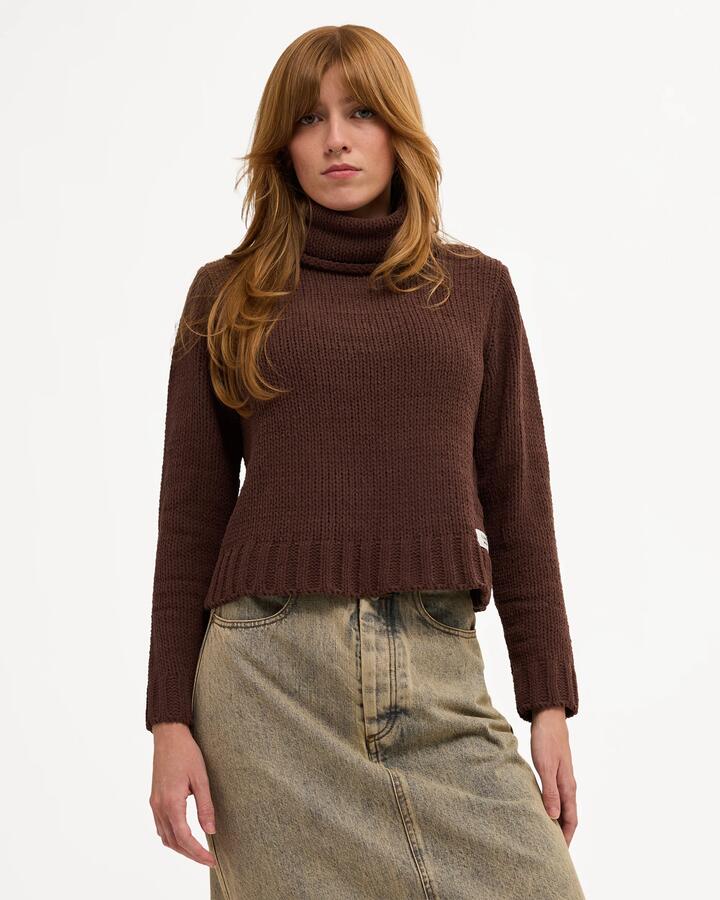 Image of a model wearing Outerwear. Product name - Element Womens Cozy Nights Sweater Dark Choc in Dark Choc colour by brand - Element