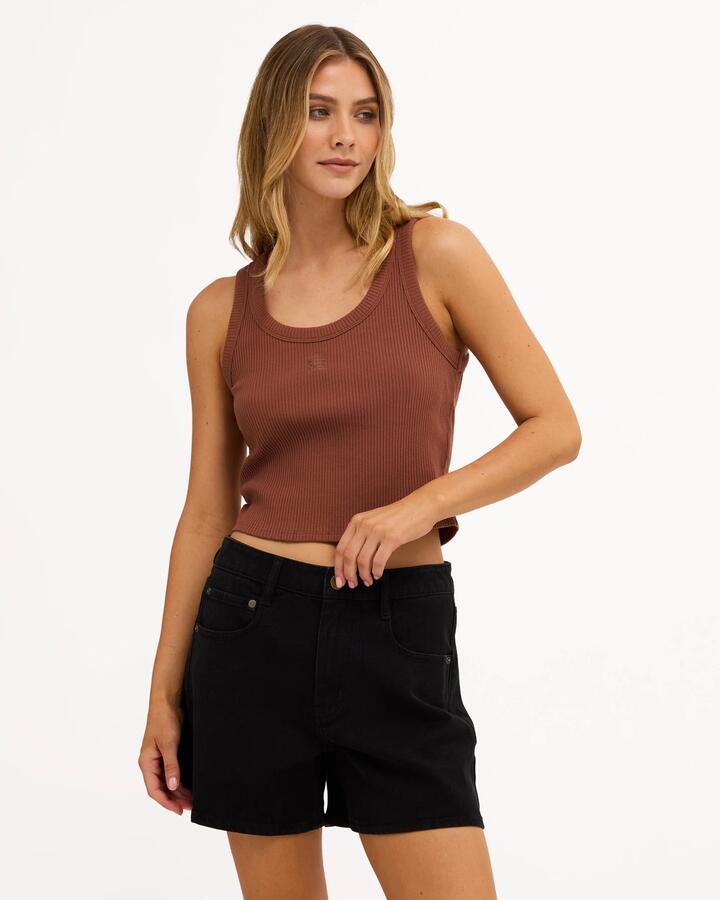 Image of a model wearing Tops. Product name - Billabong Womens Rerun Tank Top Brownstone in Brownstone colour by brand - Billabong