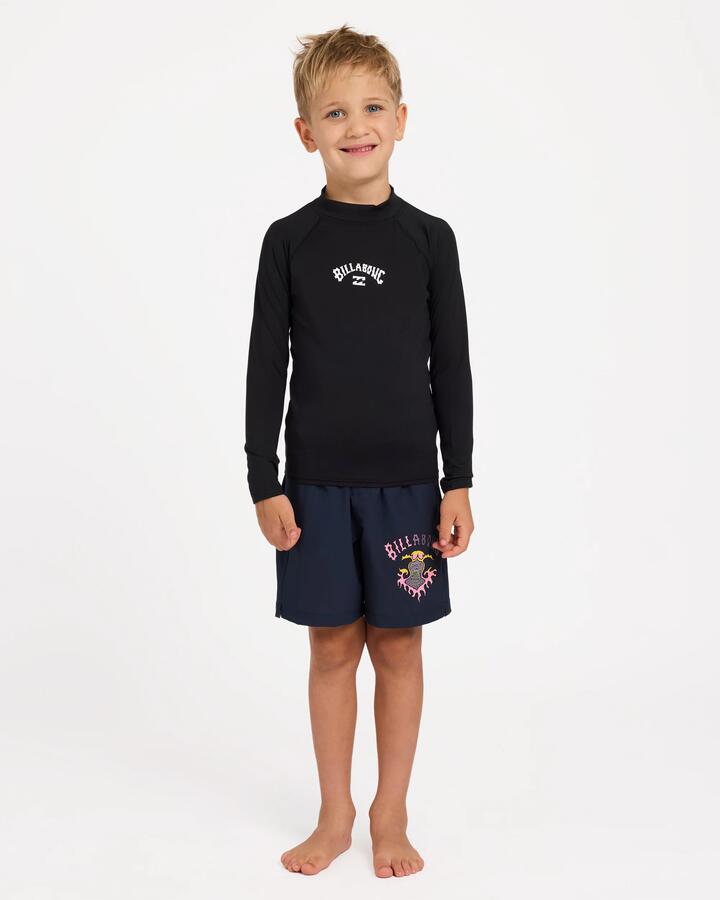 Image of a model wearing Tops. Product name - Billabong Boys 2-7 Groms All Day Arch Rf Long Sleeve Rash Vest Black in Black colour by brand - Billabong