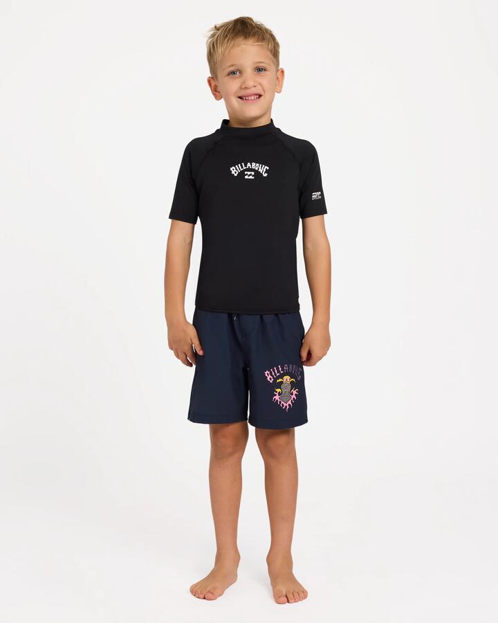 Image of a model wearing Tops. Product name - Billabong Boys 2-7 Groms All Day Arch Rf Short Sleeve Rash Vest Black in Black colour by brand - Billabong