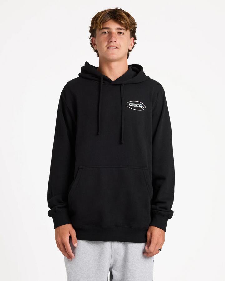 Image of a model wearing Outerwear. Product name - Billabong Mens Walled Pop Pullover Hoodie Black in Black colour by brand - Billabong