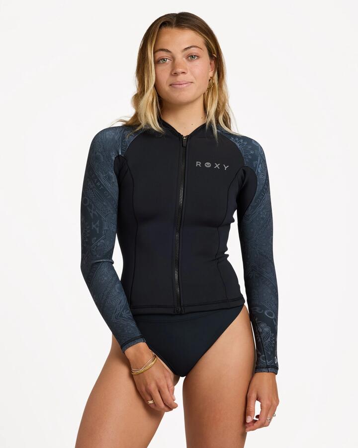 Image of a model wearing Tops. Product name - Roxy Womens 1Mm Swell Long Sleeve Wetsuit Bandana in Bandana colour by brand - Roxy