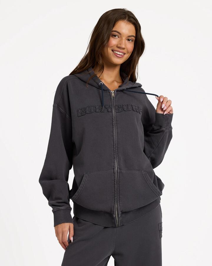 Image of a model wearing Outerwear. Product name - Roxy Womens This Way Zip Thru Sweatshirt Phantom in Phantom colour by brand - Roxy