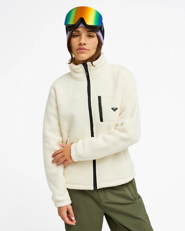 Image of a model wearing Outerwear. Product name - Roxy Womens Alabama Full Zip Solid Technical Fleece Whisper White in Whisper White colour by brand - Roxy