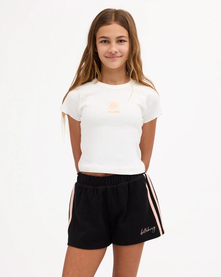 Image of a model wearing Shorts. Product name - Billabong Girls 6-16 Hibiscus Crush Walkshorts Black Pebble in Black Pebble colour by brand - Billabong