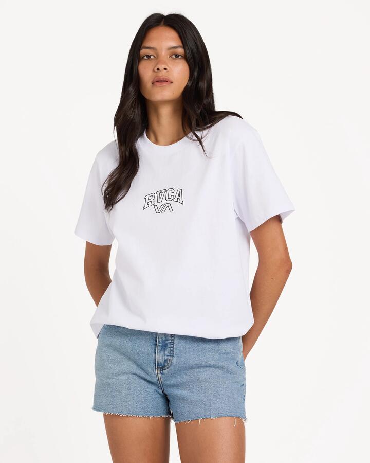 Image of a model wearing Shorts. Product name - Rvca Womens Pacific Denim Short Dusty Blue Wash in Dusty Blue Wash colour by brand - Rvca