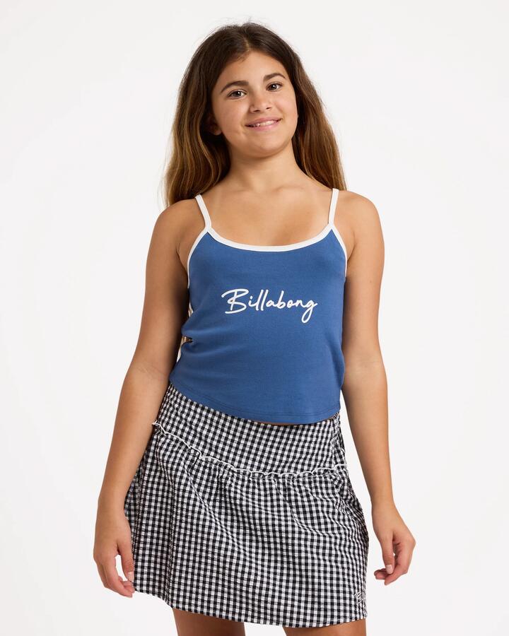 Image of a model wearing Tops. Product name - Billabong Girls 6-16 Wave Runner Tank Top Navy in Navy colour by brand - Billabong