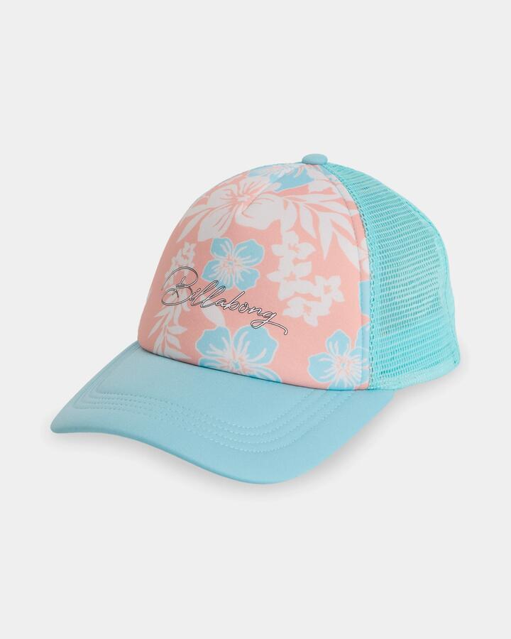 Image of Hats. Product name - Billabong Girls 6-16 Hibiscus Haze Trucker Cap Soft Peach in Soft Peach colour by brand - Billabong