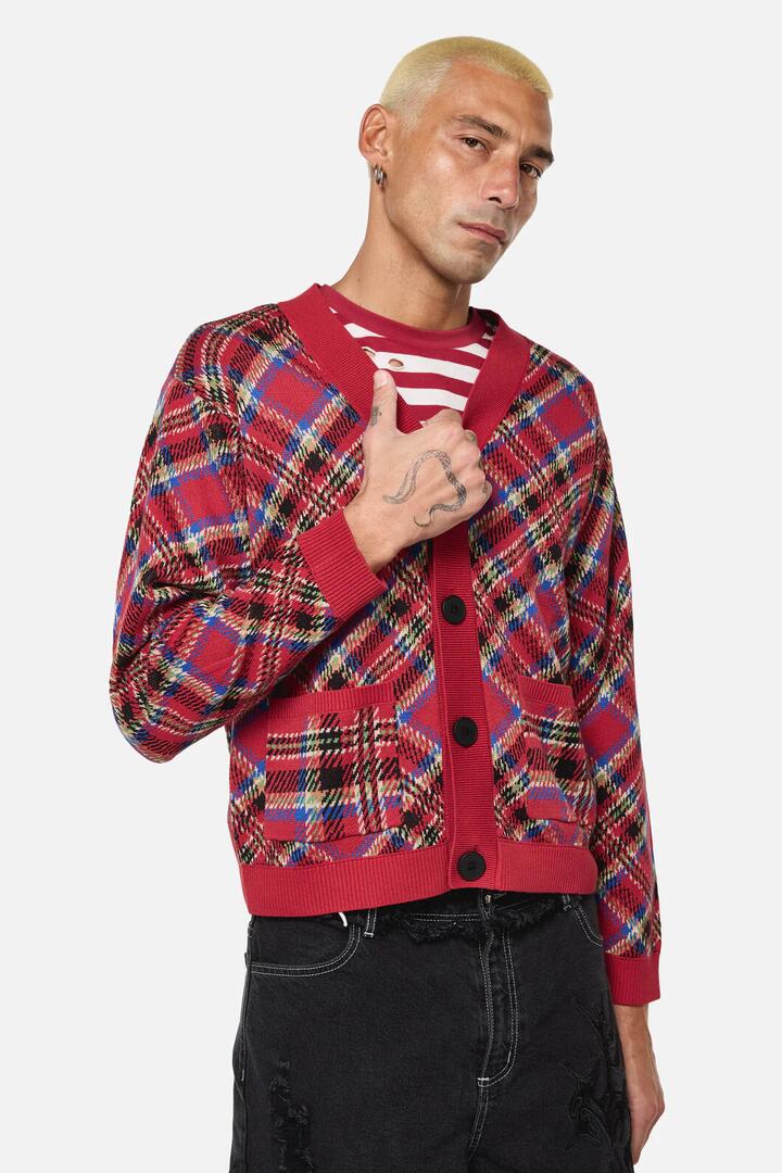 Image of Cardigans. Productname: Crowned Tartan Cardi in Red colour by brand - Dangerfield