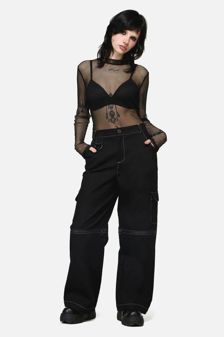 Image of a model wearing Pants. Productname: Serpent Goth Cargo Pant in Black colour by brand - Dangerfield