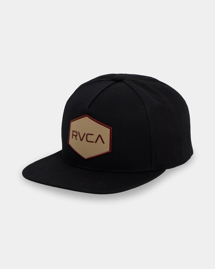 Image of Hats. Product name - RVCA Mens Commonwealth Patch Snapback Cap Black in Black colour by brand - RVCA