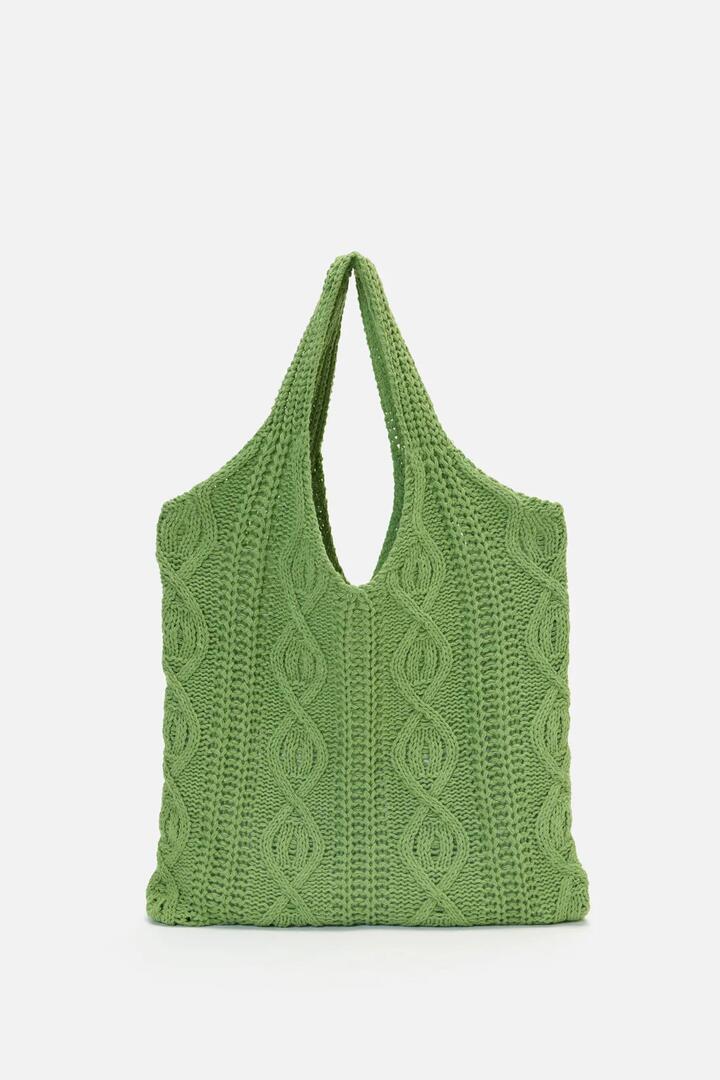Image of a model wearing Tops. Productname: Cable Knit Bag in Green colour by brand - Princess Highway