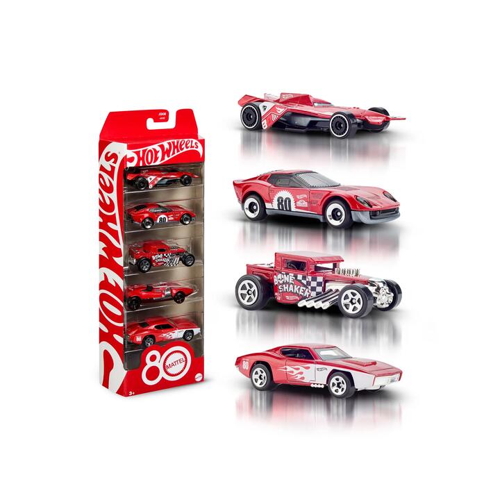 Image of Toy Cars. Product name - Hot Wheels Core Mattel 80th Anniversary 5-Pack of 1:64 Scale Toy Cars with Collectible Deco in colour by brand - Hot Wheels