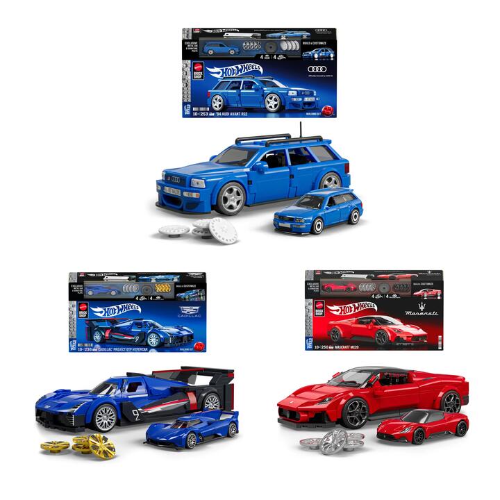 Image of Toy Cars. Product name - Bundle: Mattel Brick Shop Hot Wheels Speed Series Audi, Maserati & Cadillac Set in colour by brand - Mattel Brick Shop
