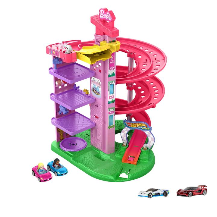 Image of Toy Cars. Product name - Bundle: Hot Wheels RacerVerse Barbie Spiral Race Track + 2 Assorted 1:64 Scale Vehicle in colour by brand - Hot Wheels