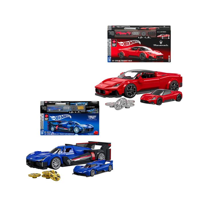 Image of Toy Cars. Product name - Bundle: Brick Shop Hot Wheels Maserati MC20 & Cadillac GTP Hypercar Building Sets in colour by brand - Mattel Brick Shop